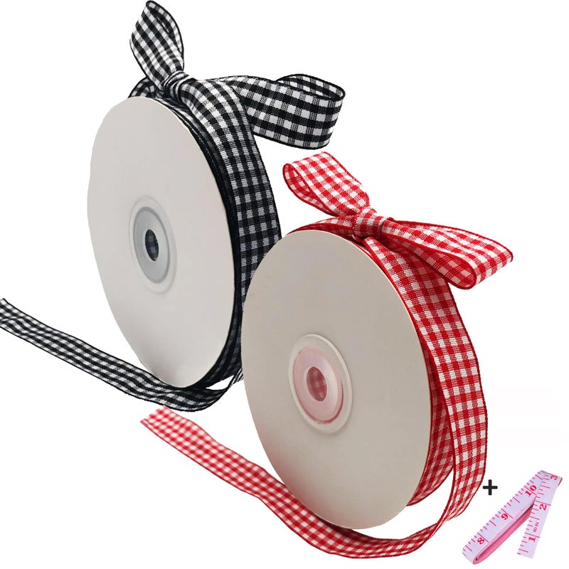 DAYEDZ 2 Pack 5/8"" Black and White Gingham Ribbon + Red and White Buffalo Check Ribbon  50 Yards for Party Craft Decoration  5/8 Inch Polyester Woven Edge Roll for Hair Accessories Craft and Gift Wrapping - Image 1